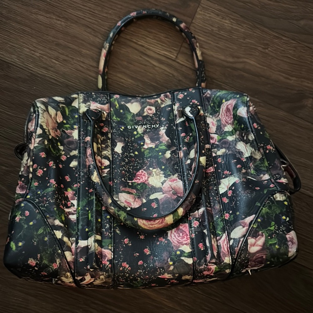 Givenchy Black Floral Printed Calfskin Leather Mini Lucrezia Duffle Bag
